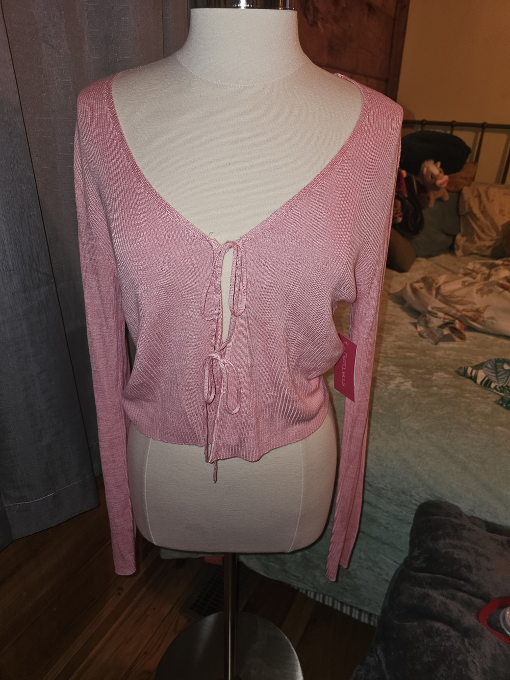Shoe Dazzle Pink Tie-Front V-Neck Knit Cardigan